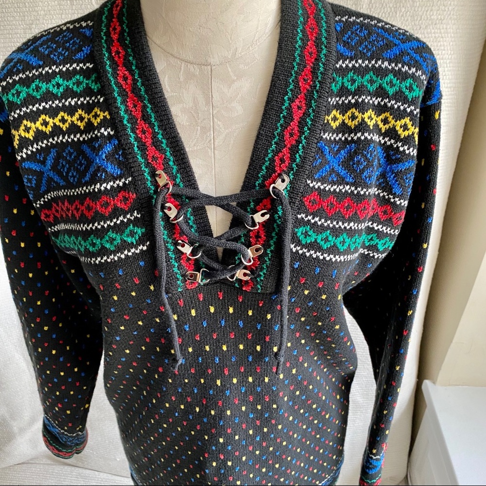 Vintage 80s OS Funky Ski Sweater Tunic Bold Colors - Picture 2 of 8